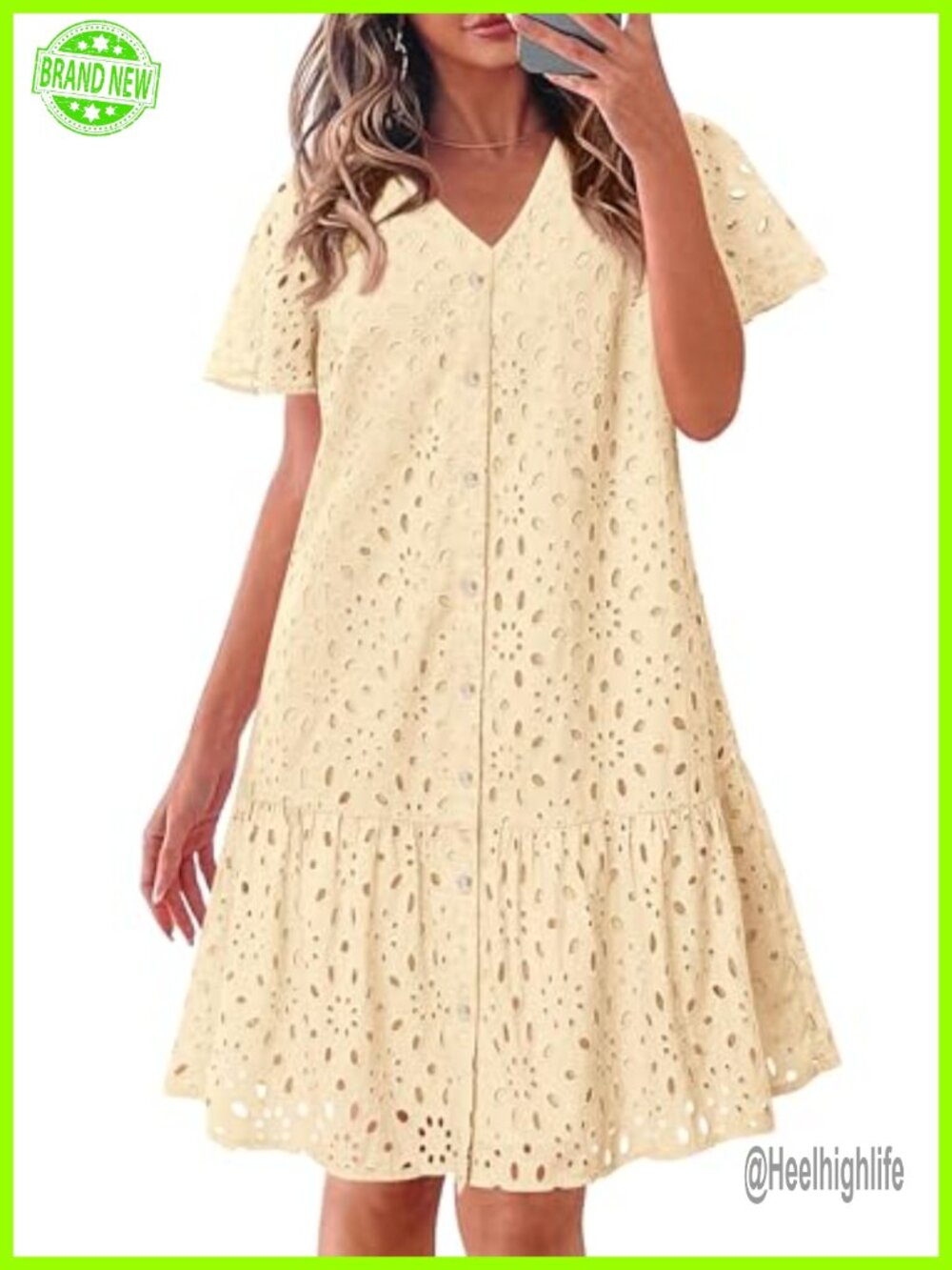 Eyelet Babydoll Mini Dress Button Down V-Neck A-Line Sundress